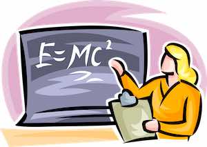 a person with a clipboard points at a chalkboard, written in chalk is E=MC^2